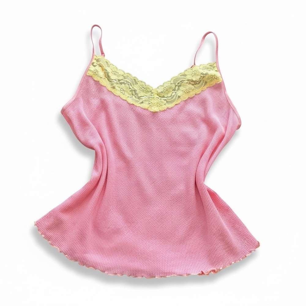 Vintage Y2K GAP Body Pink Waffle Knit‎ Lace Cami Top Medium Coquette - Picture 6 of 11